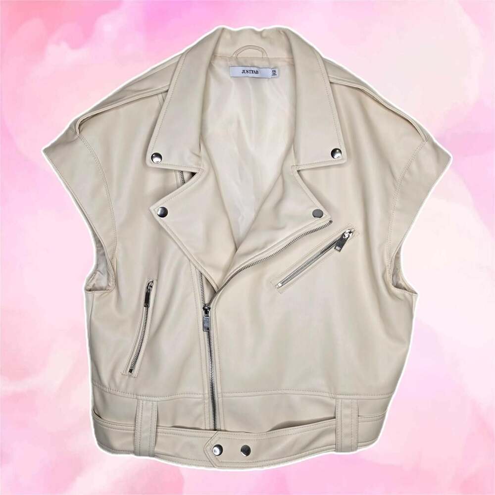 JustFab Cream Faux-Leather Moto Vest